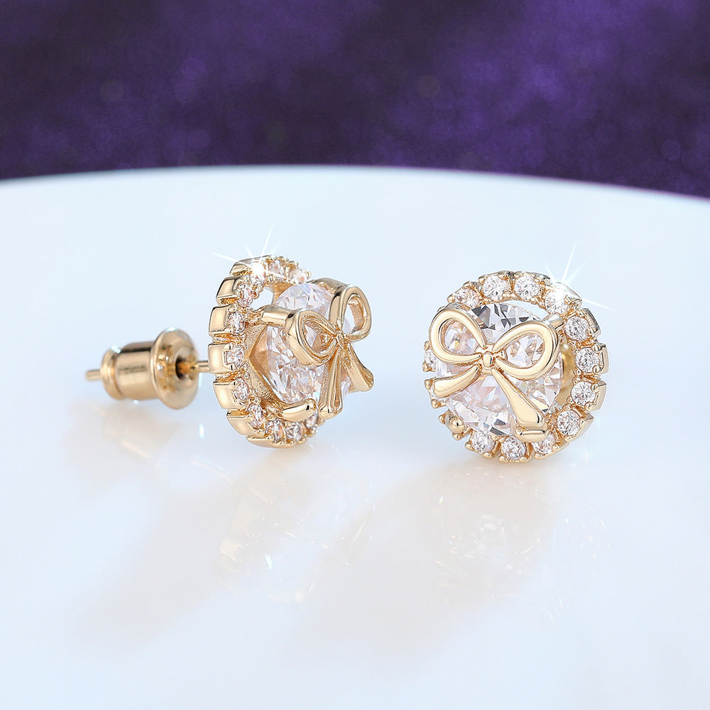 Bow Stud Earrings Sweet Accessory Micro Inlaid Zircon